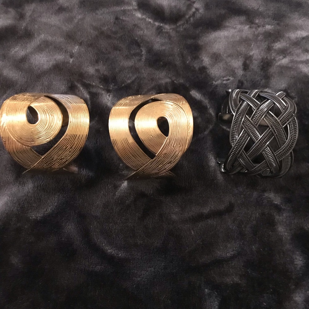 4/$15 Set of cuff bracelets, 2 gold, 1 dark grey